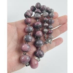 Exquisite Dark Pink & Gray Rhodonite Beaded Necklace Graduated Black Striations